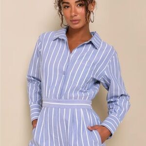 Lulu's Charming Weekend Blue Striped Collard Long Sleeve Romper